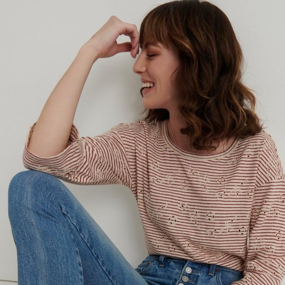 Lucky Brand Red Stripe Eyelet top